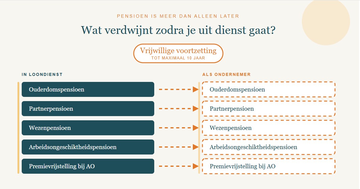 De vijf onderdelen van een pensioenregeling — ouderdomspensioen, partnerpensioen, wezenpensioen, arbeidsongeschiktheidspensioen en premievrijstelling — en de vraag welke daarvan bij vrijwillige voortzetting kunnen doorlopen